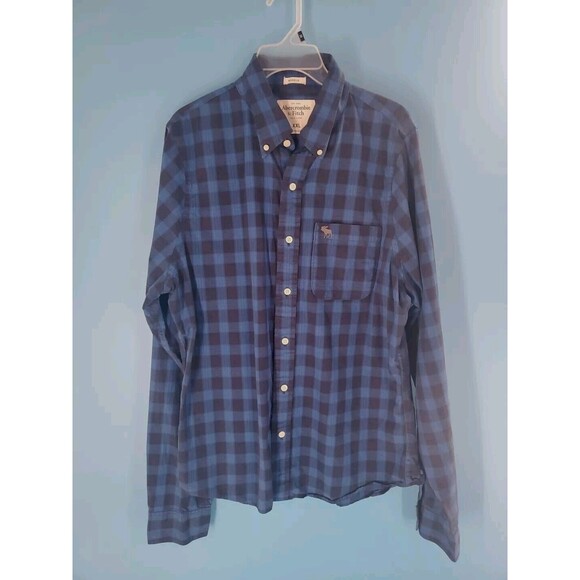 Abercrombie & Fitch Xxl Button Down Blue Plaid Chest Pocket Logo Long Sleeve - Picture 5 of 14